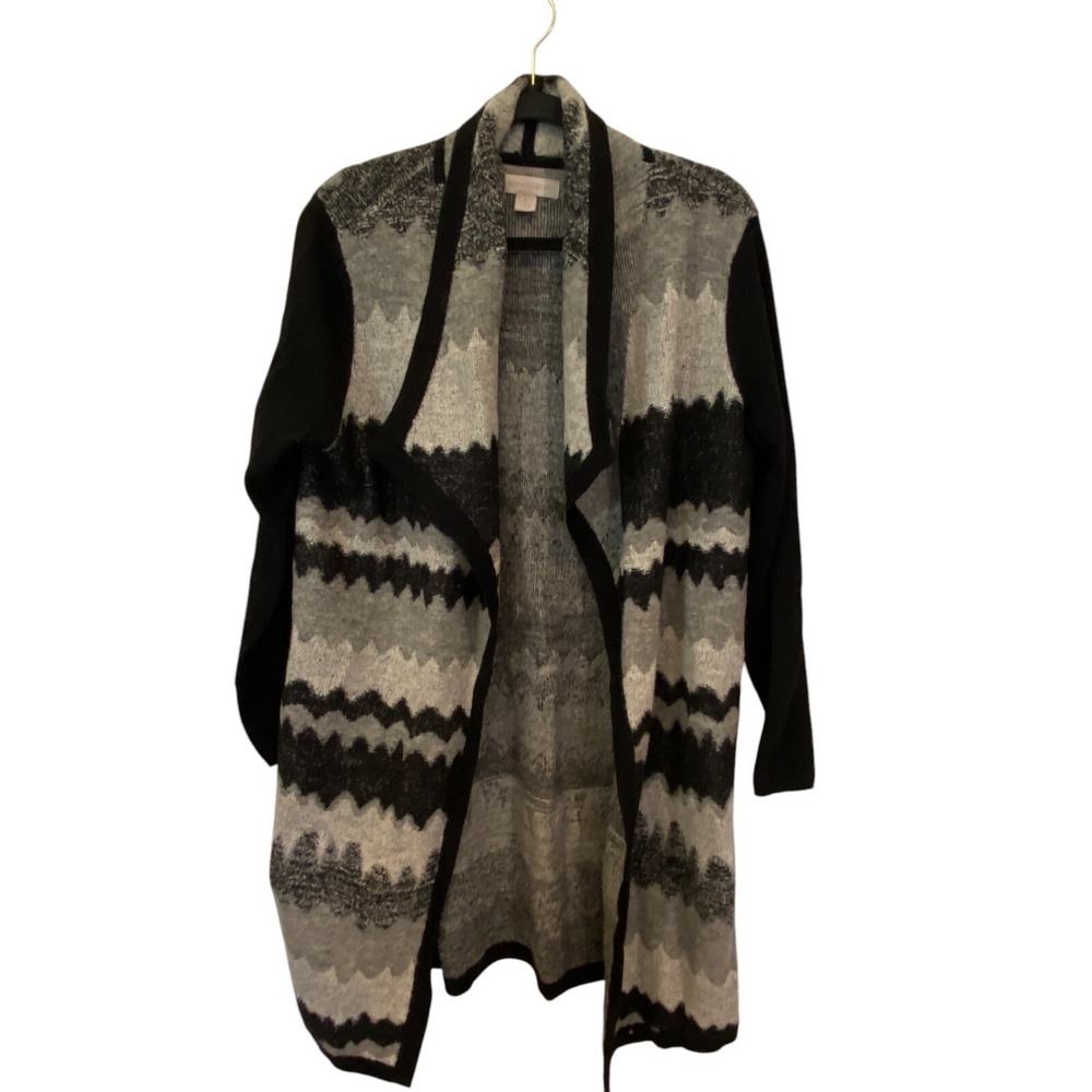 Laura Ashley Cardigan Sweater Womens Large Black Gray Wool Blend Open Front‎